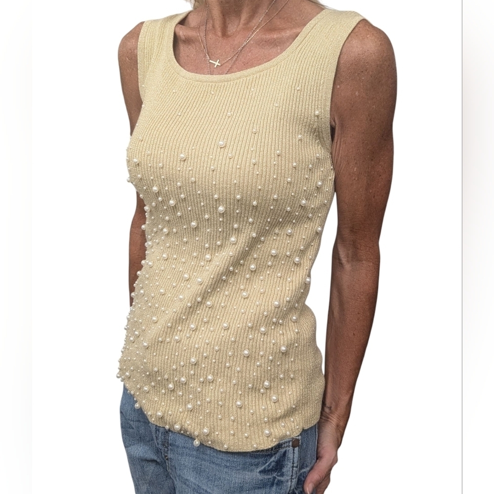 Lauren Michelle Pearl Beaded Metallic Sweater Tank Gold Small